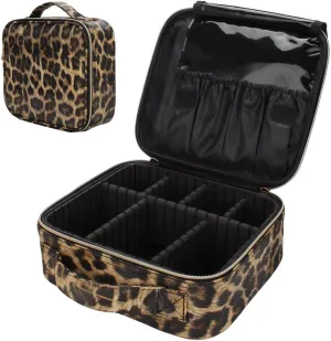 Uongeod Travel Makeup Bag Leopard Print PU Leather Cosmetic Makeup Bag Organizer case with Adjustable Dividers for Women