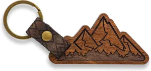 UP & IN Solid Walnut Mountain Keychain w/Genuine Leather Strap & Bronzed Iron Key Ring