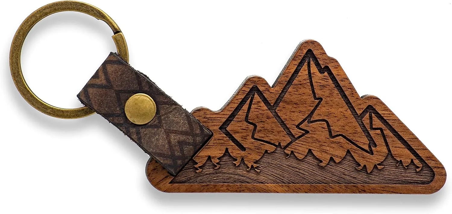 UP & IN Solid Walnut Mountain Keychain w/Genuine Leather Strap & Bronzed Iron Key Ring
