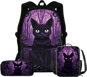 Upetstory Black Cat Backpack Purse for Girls 6-8 10-12 14-16 Kids School Bag Set with Lunch Box Pencil Case Teen Girls Schoolbag Children Elementary Preschool Kindergartener Bookbag Rucksack Daypack