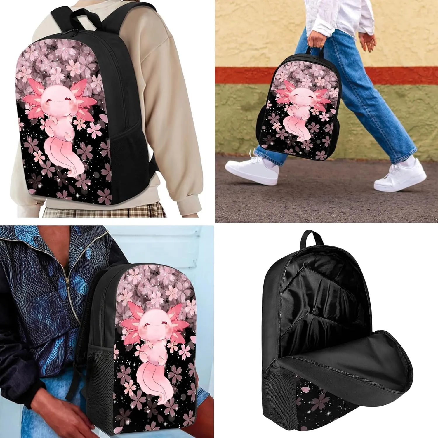Upetstory Cute Axolotl Backpack for Kids School Bag 4-in-1 Bookbag Set with Lunch Box Pencil Case Water Bottle Sleeve for Teen Girls Boys Schoolbag Elementary Preschool Bookbag Satchel