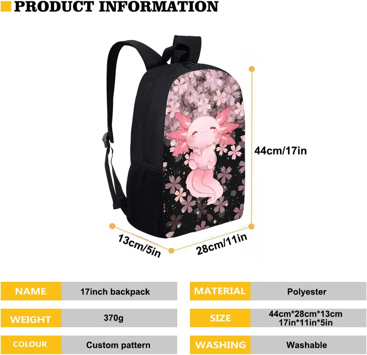 Upetstory Cute Axolotl Backpack for Kids School Bag 4-in-1 Bookbag Set with Lunch Box Pencil Case Water Bottle Sleeve for Teen Girls Boys Schoolbag Elementary Preschool Bookbag Satchel