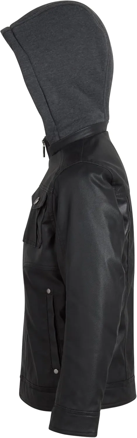 URBAN REPUBLIC Boys’ Jacket – Faux Leather Biker Jacket – Casual Sherpa Lined Moto Jacket with Sweatshirt Hood (4-20)
