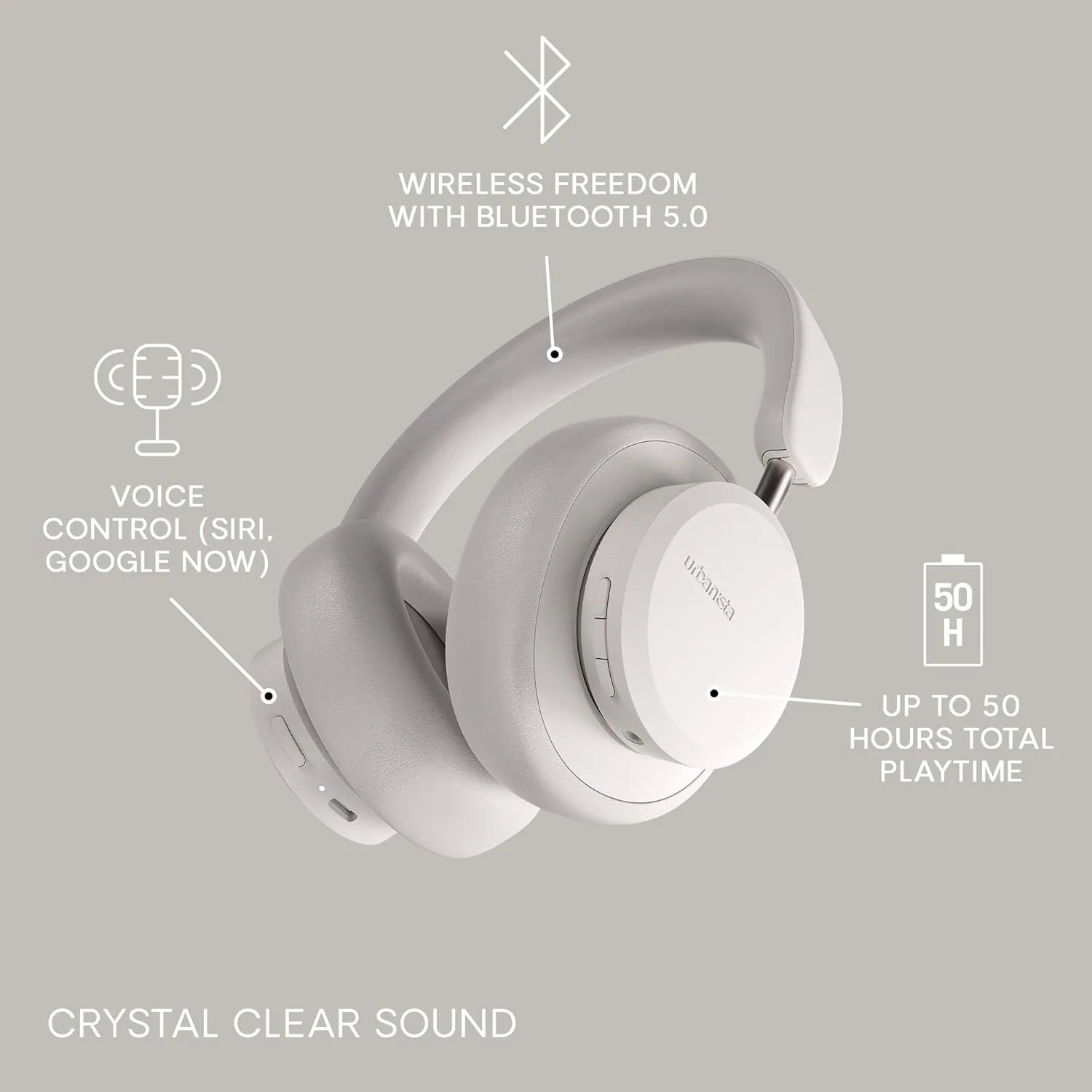 Urbanista Wireless Over Ear Bluetooth Headphones, 50 Hours Play Time, Active Noise Cancelling Wireless Headset with Microphone, On Ear Detection with Carry Case, Miami, White Pearl