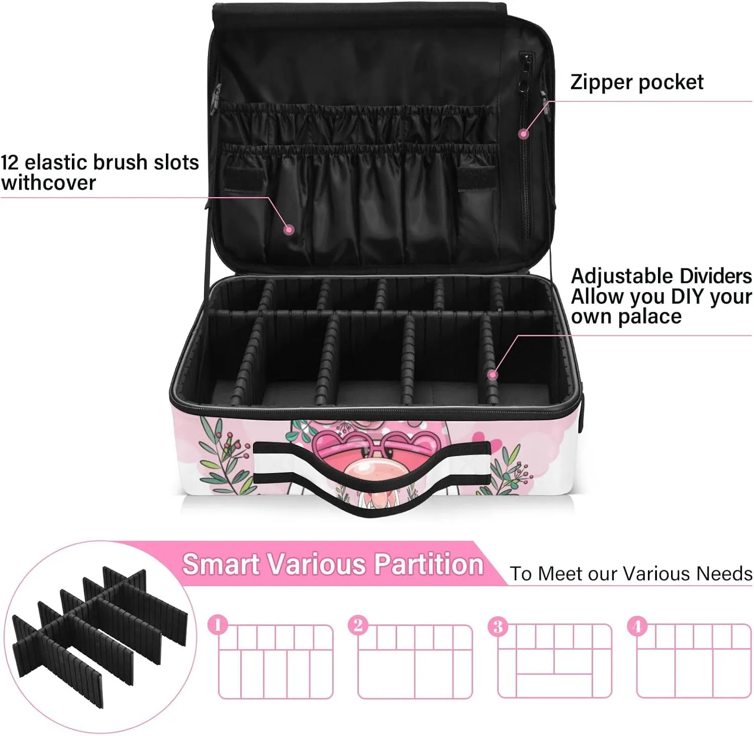 Valentine Be Mine Pink Gnome with Pink Heart, Flowers and Green Leaves Women's Portable Makeup Bag with Handle, Cosmetic Bag, Adjustable Dividers, Travel Cosmetic Toiletry Storage Organizer for women