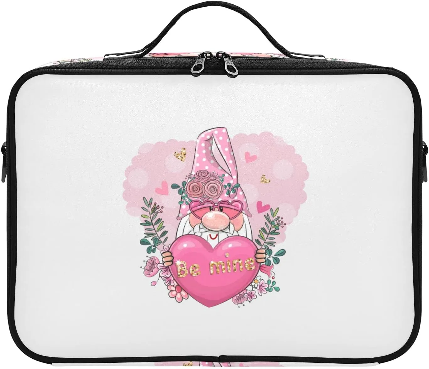 Valentine Be Mine Pink Gnome with Pink Heart, Flowers and Green Leaves Women's Portable Makeup Bag with Handle, Cosmetic Bag, Adjustable Dividers, Travel Cosmetic Toiletry Storage Organizer for women