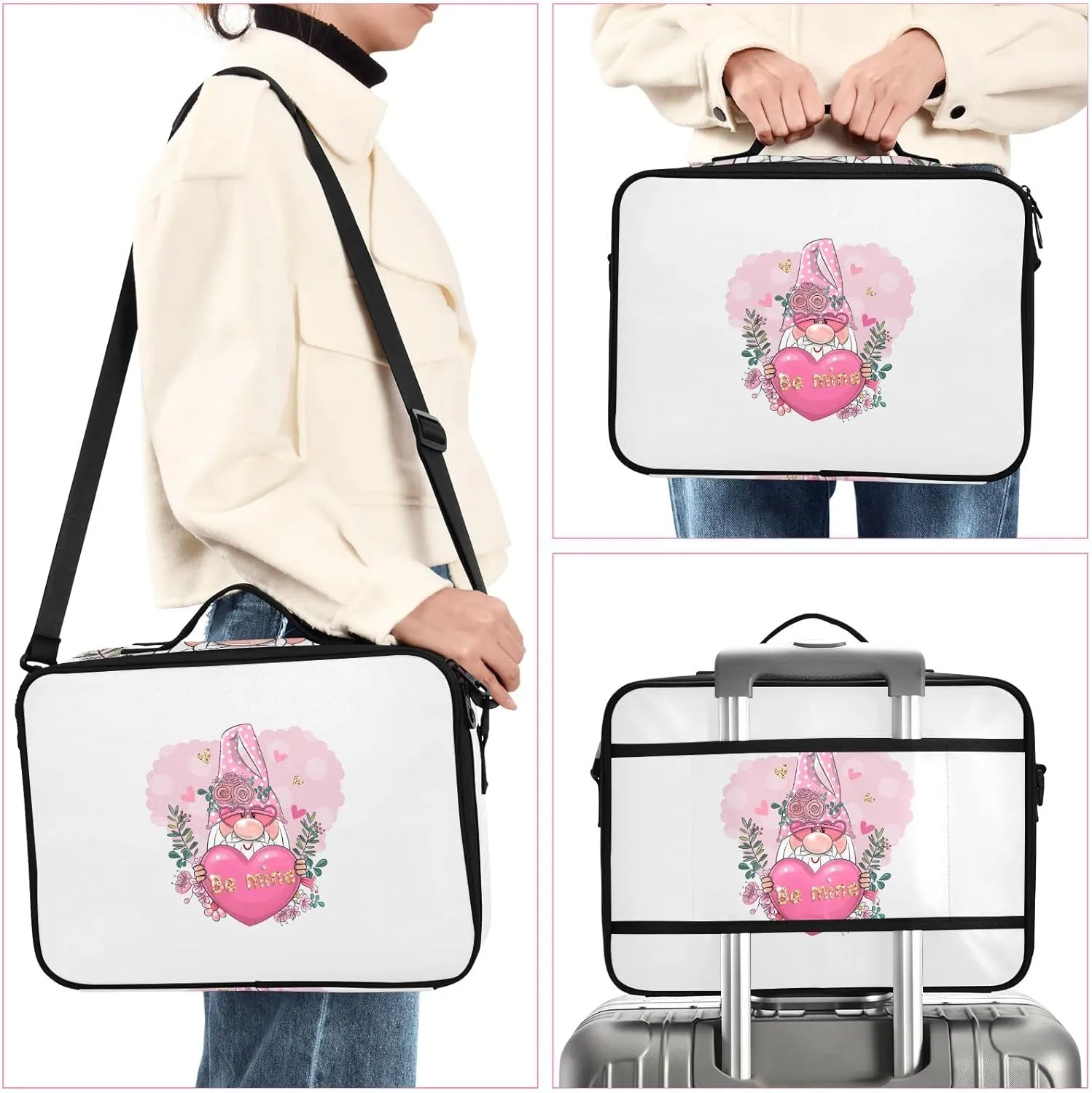 Valentine Be Mine Pink Gnome with Pink Heart, Flowers and Green Leaves Women's Portable Makeup Bag with Handle, Cosmetic Bag, Adjustable Dividers, Travel Cosmetic Toiletry Storage Organizer for women