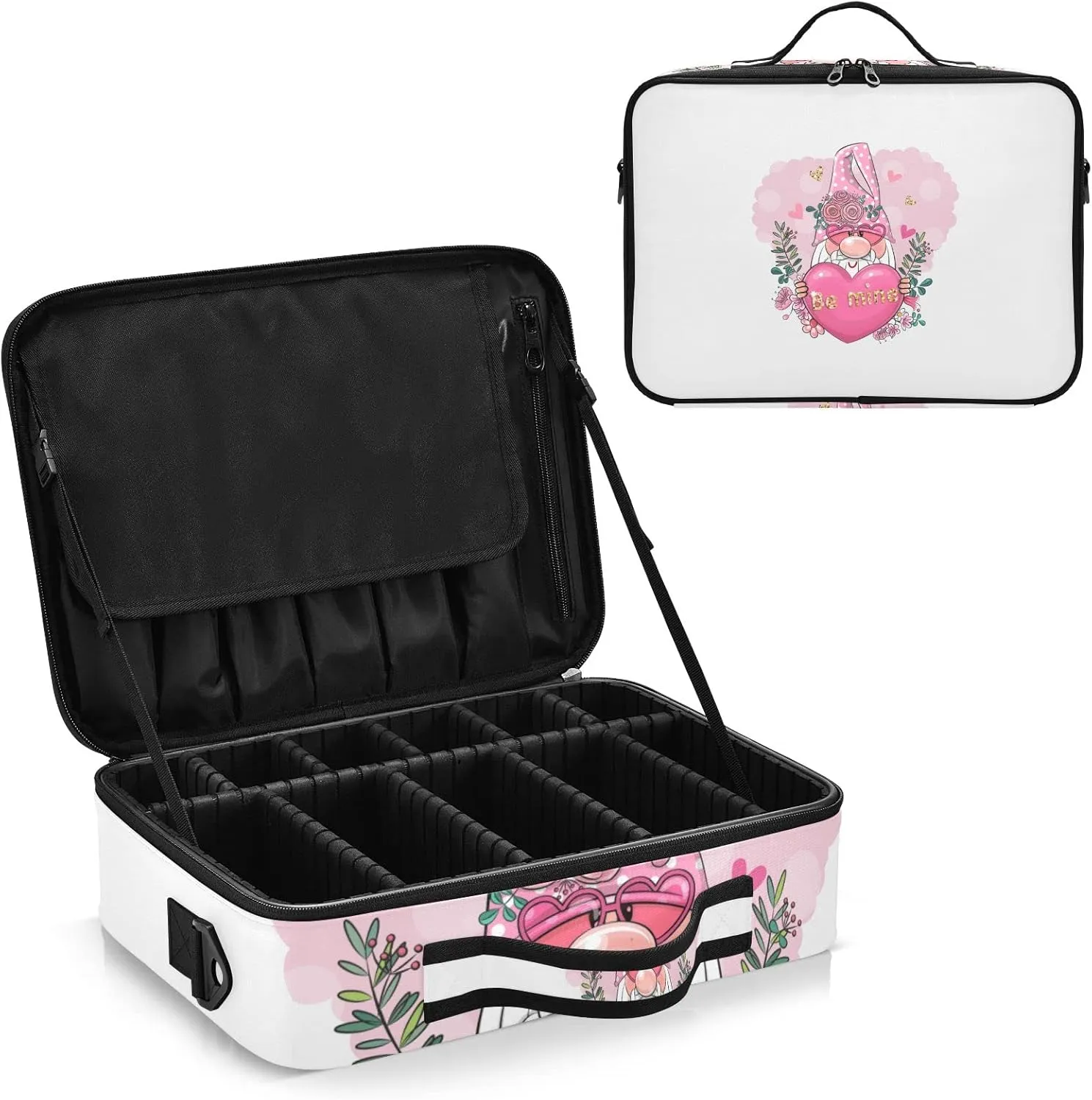 Valentine Be Mine Pink Gnome with Pink Heart, Flowers and Green Leaves Women's Portable Makeup Bag with Handle, Cosmetic Bag, Adjustable Dividers, Travel Cosmetic Toiletry Storage Organizer for women