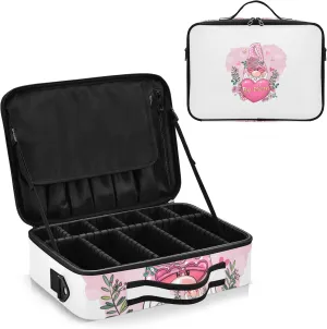Valentine Be Mine Pink Gnome with Pink Heart, Flowers and Green Leaves Women's Portable Makeup Bag with Handle, Cosmetic Bag, Adjustable Dividers, Travel Cosmetic Toiletry Storage Organizer for women
