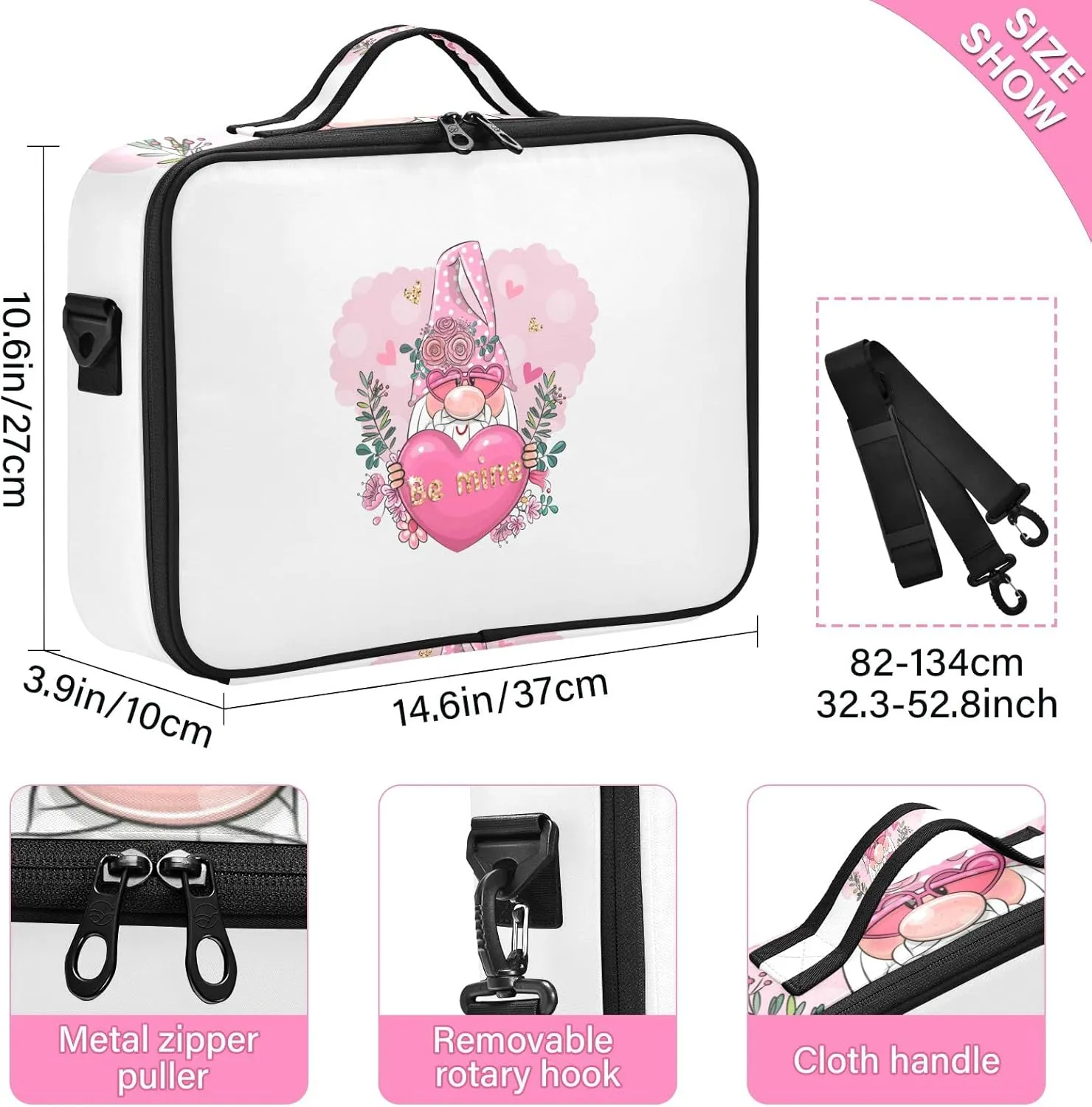 Valentine Be Mine Pink Gnome with Pink Heart, Flowers and Green Leaves Women's Portable Makeup Bag with Handle, Cosmetic Bag, Adjustable Dividers, Travel Cosmetic Toiletry Storage Organizer for women
