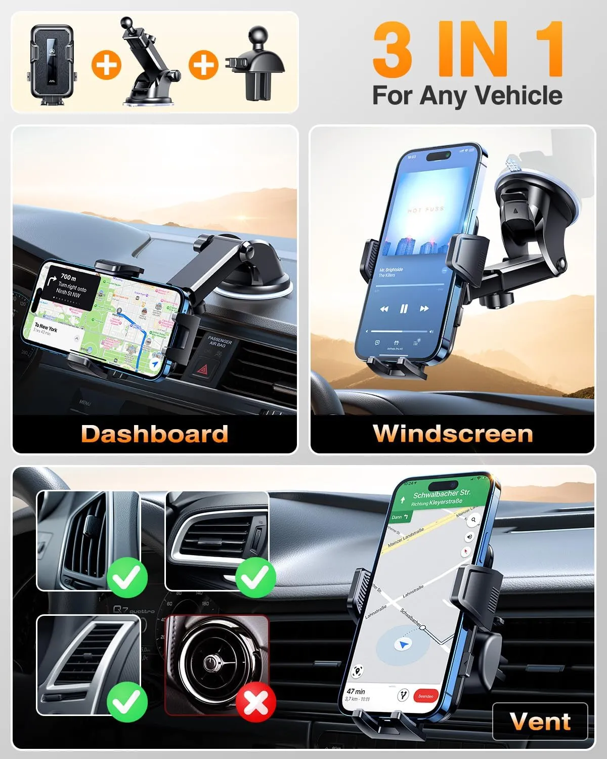 VANMASS 2025 Upgraded Car Phone Holder, [85 LBS Strongest Suction] Patent Safety Cell Phone Mount Windshield Dashboard Vent Truck Accessories Stand Cradle for iPhone 16 Pro Max 15 14 13 Android