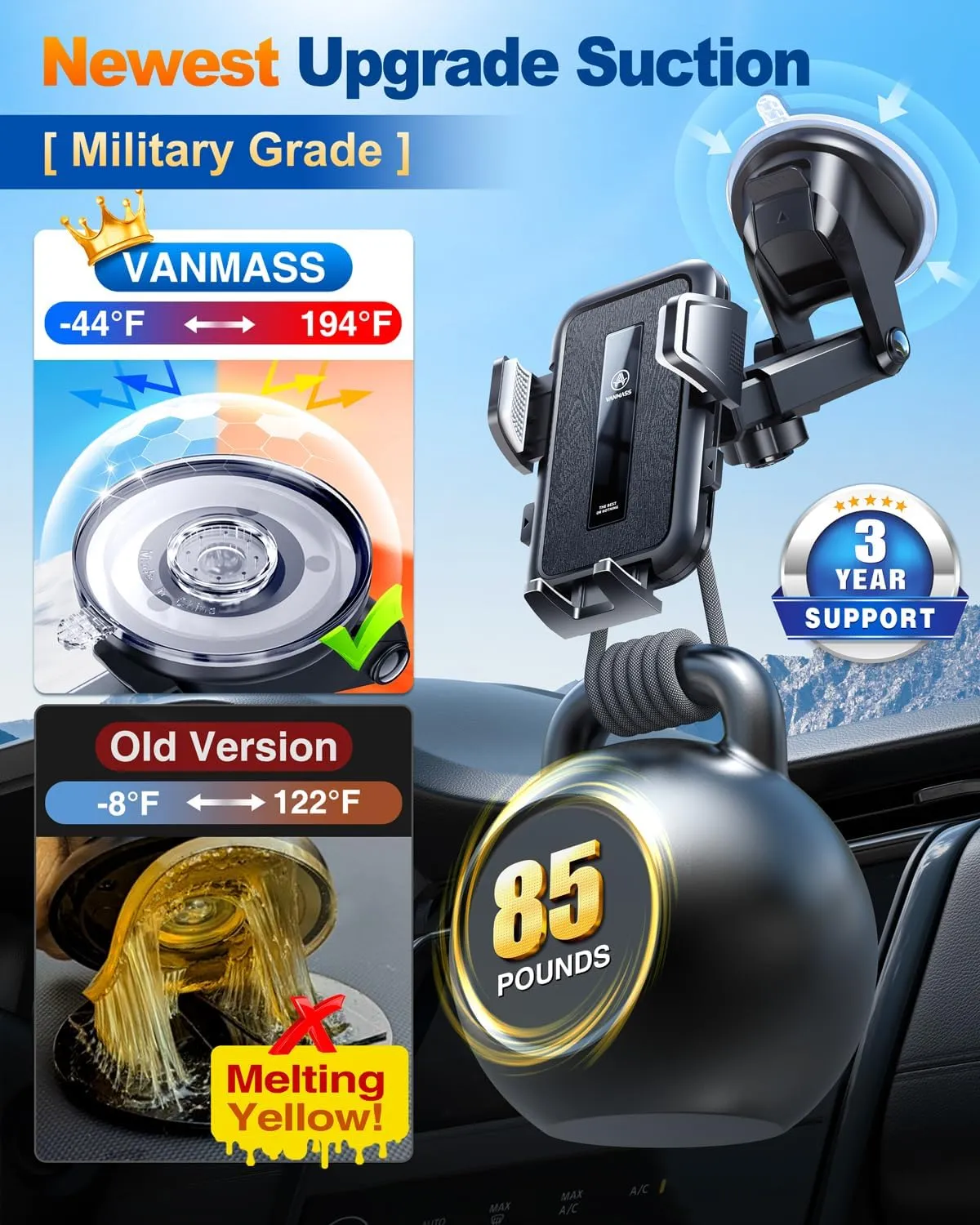 VANMASS 2025 Upgraded Car Phone Holder, [85 LBS Strongest Suction] Patent Safety Cell Phone Mount Windshield Dashboard Vent Truck Accessories Stand Cradle for iPhone 16 Pro Max 15 14 13 Android