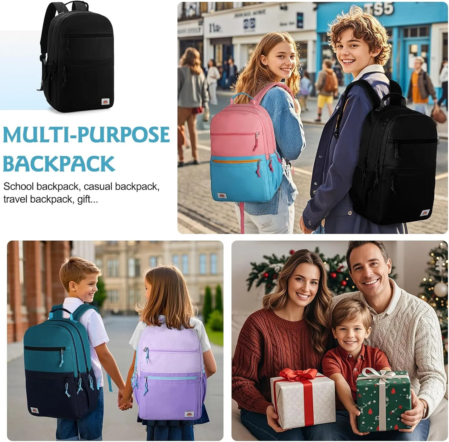 VASCHY School Backpack, Lightweight Classic Cute Aesthetic Bookbag Daypack for Teen Boys Girls Traveling/Gym/Middle School Black
