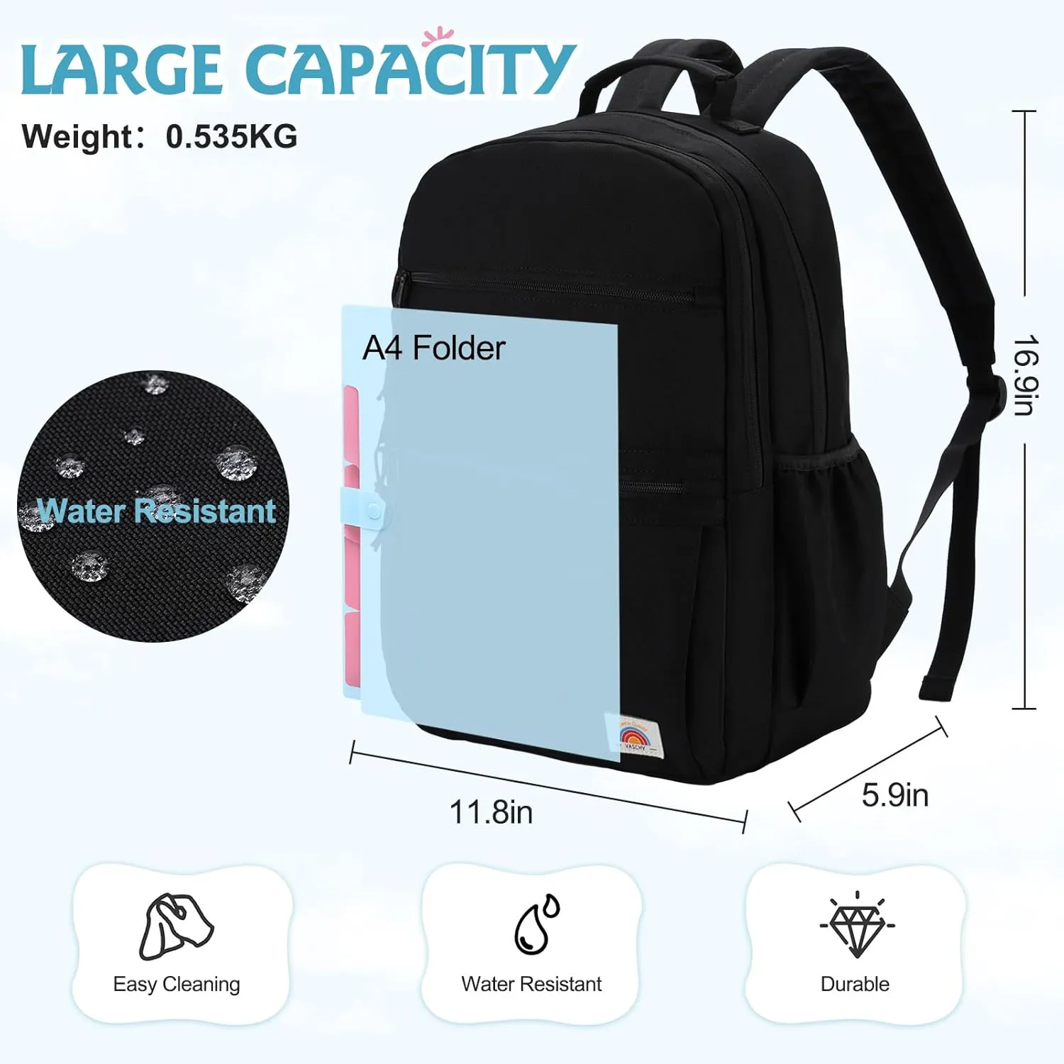 VASCHY School Backpack, Lightweight Classic Cute Aesthetic Bookbag Daypack for Teen Boys Girls Traveling/Gym/Middle School Black