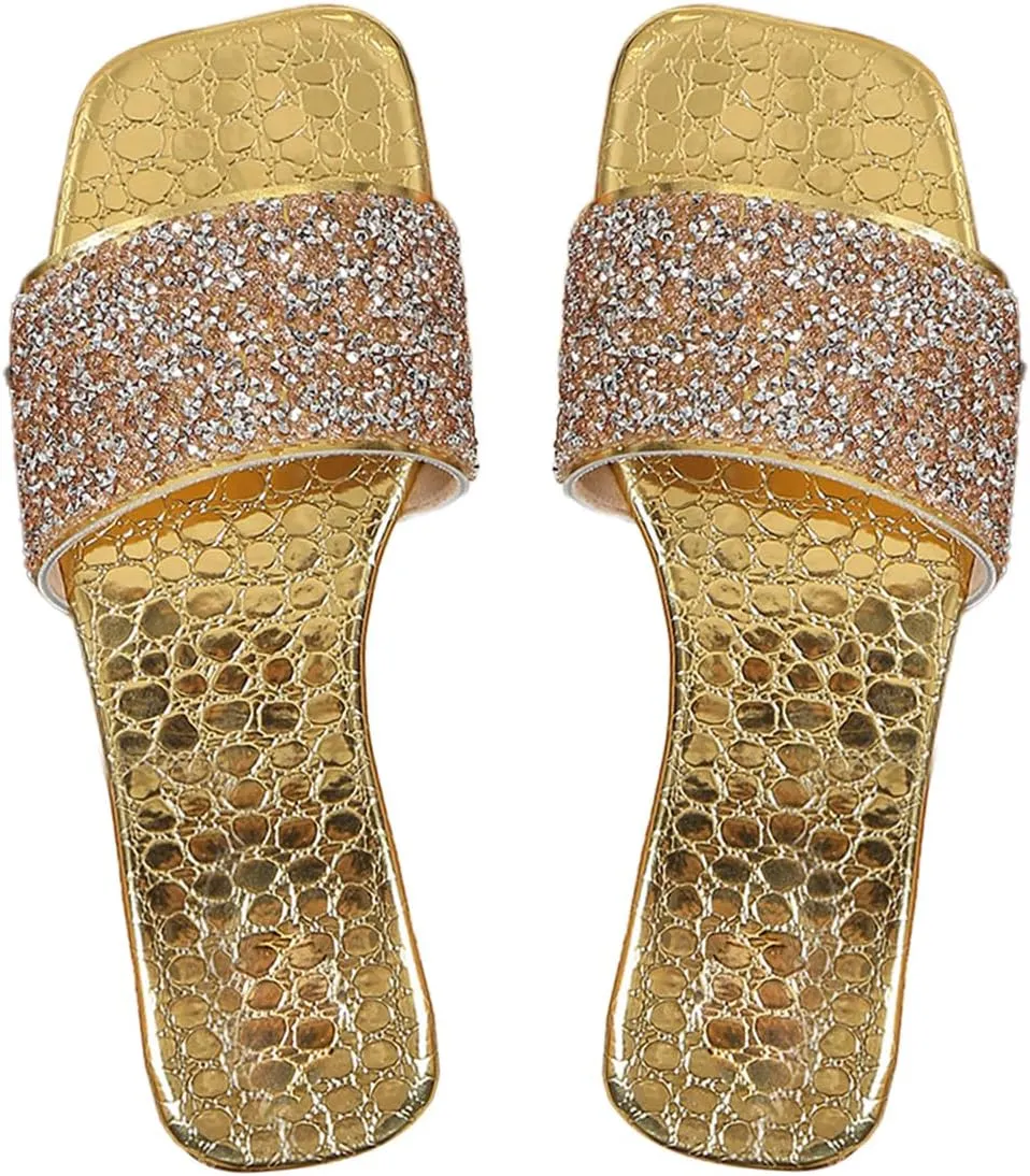 Verdusa Women's Metallic Rhinestone Sandals Square Open Toe PU Leather Glitter Slippers
