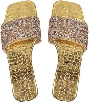 Verdusa Women's Metallic Rhinestone Sandals Square Open Toe PU Leather Glitter Slippers
