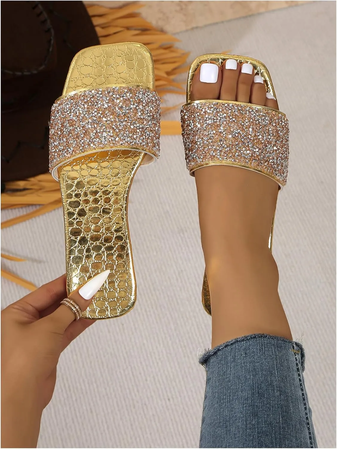 Verdusa Women's Metallic Rhinestone Sandals Square Open Toe PU Leather Glitter Slippers