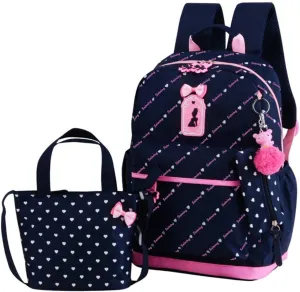 VIDOSCLA 3Pcs Heart Printing Backpack Sets Bowknot Primary Schoolbag Travel Daypack Shoulder Bag Girls Rucksack knapsack