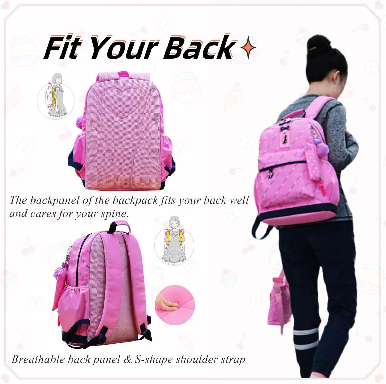 VIDOSCLA 3Pcs Heart Printing Backpack Sets Bowknot Primary Schoolbag Travel Daypack Shoulder Bag Girls Rucksack knapsack