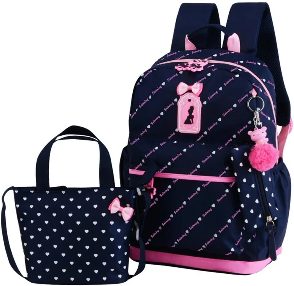 VIDOSCLA 3Pcs Heart Printing Backpack Sets Bowknot Primary Schoolbag Travel Daypack Shoulder Bag Girls Rucksack knapsack