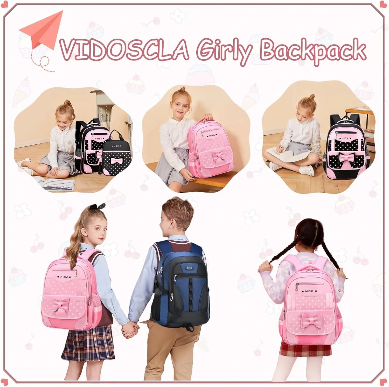 VIDOSCLA School Bags for Girls Cute Bowknot Students Backpack Elementary Princess Bookbag for School