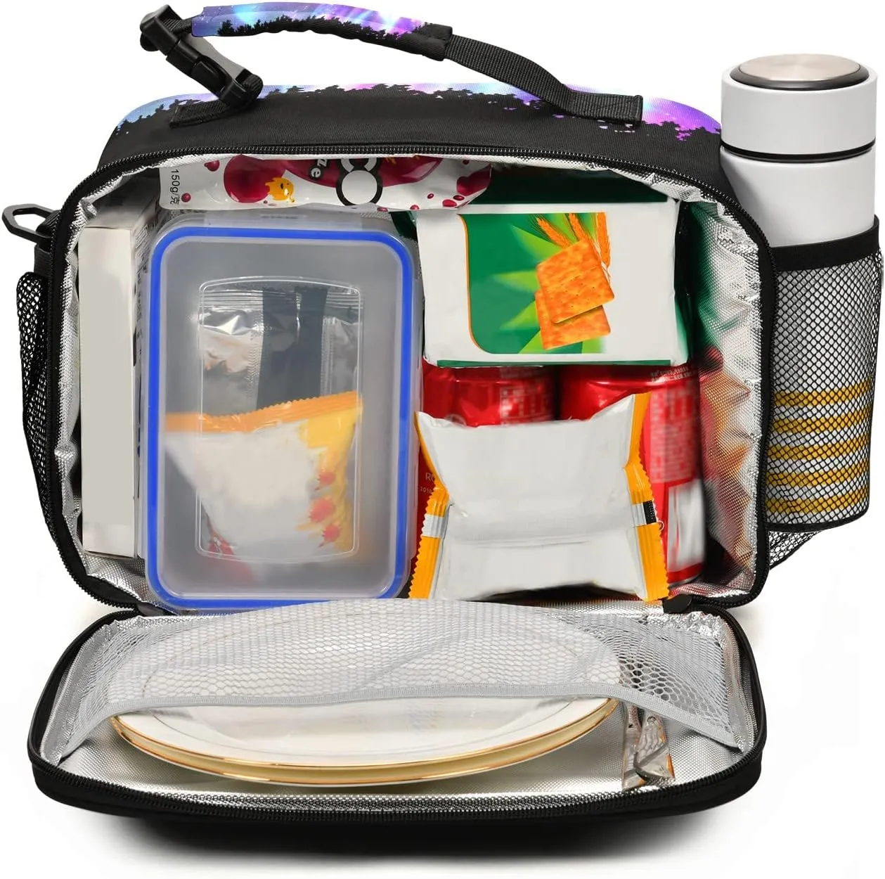 VIGTRO Starry Wolf Aurora Lunch Bag, Leak-proof Durable Lunch Box with External Mesh Bottle Holder, Reusable Insulated Lunchbox Tote/Cooler Bag for Kids Age Over 3 Years Old