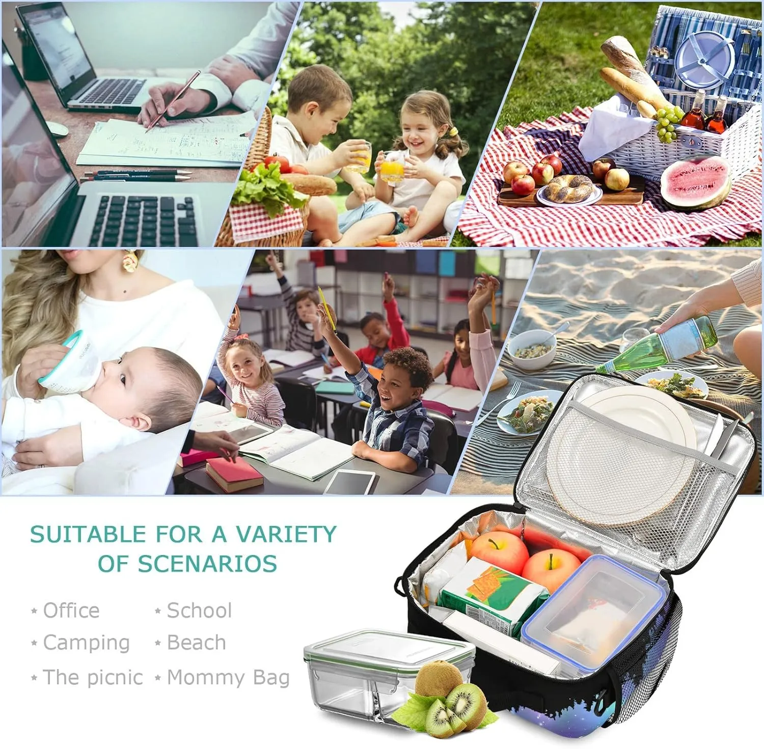VIGTRO Starry Wolf Aurora Lunch Bag, Leak-proof Durable Lunch Box with External Mesh Bottle Holder, Reusable Insulated Lunchbox Tote/Cooler Bag for Kids Age Over 3 Years Old