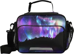 VIGTRO Starry Wolf Aurora Lunch Bag, Leak-proof Durable Lunch Box with External Mesh Bottle Holder, Reusable Insulated Lunchbox Tote/Cooler Bag for Kids Age Over 3 Years Old