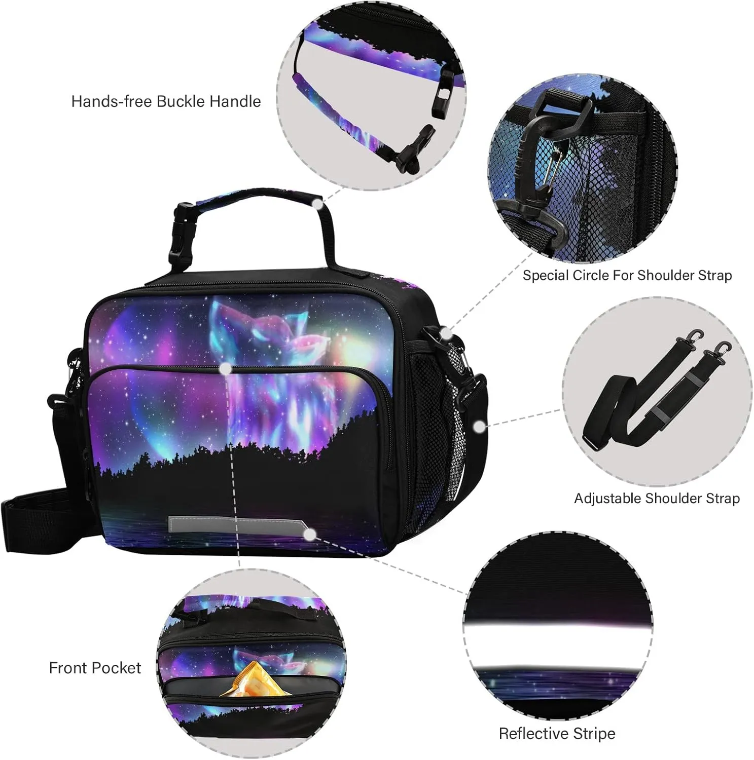 VIGTRO Starry Wolf Aurora Lunch Bag, Leak-proof Durable Lunch Box with External Mesh Bottle Holder, Reusable Insulated Lunchbox Tote/Cooler Bag for Kids Age Over 3 Years Old