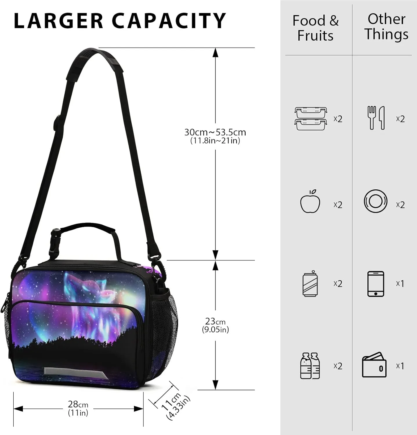 VIGTRO Starry Wolf Aurora Lunch Bag, Leak-proof Durable Lunch Box with External Mesh Bottle Holder, Reusable Insulated Lunchbox Tote/Cooler Bag for Kids Age Over 3 Years Old