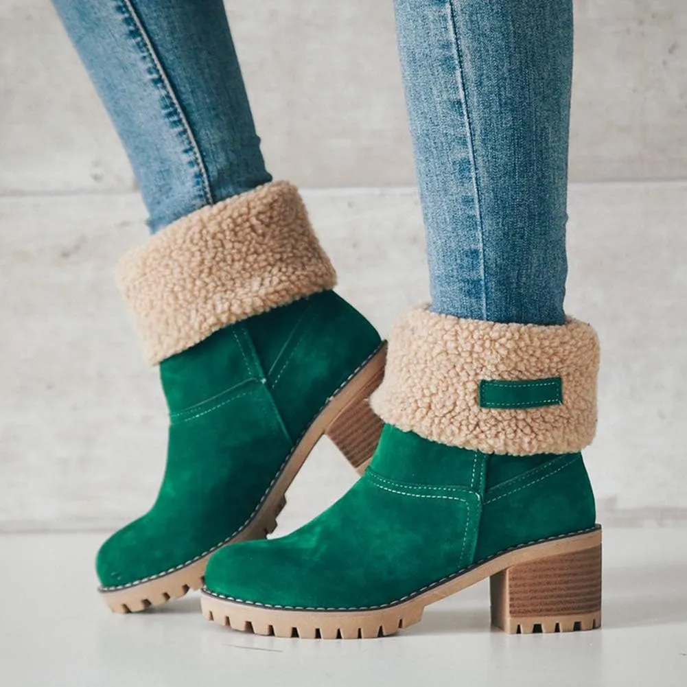 VIMISAOI Winter Boots for Women, Comfortable Slip On Mid Chunky Heel Suede Warm Snow Ankle Boots Outdoor Shoes