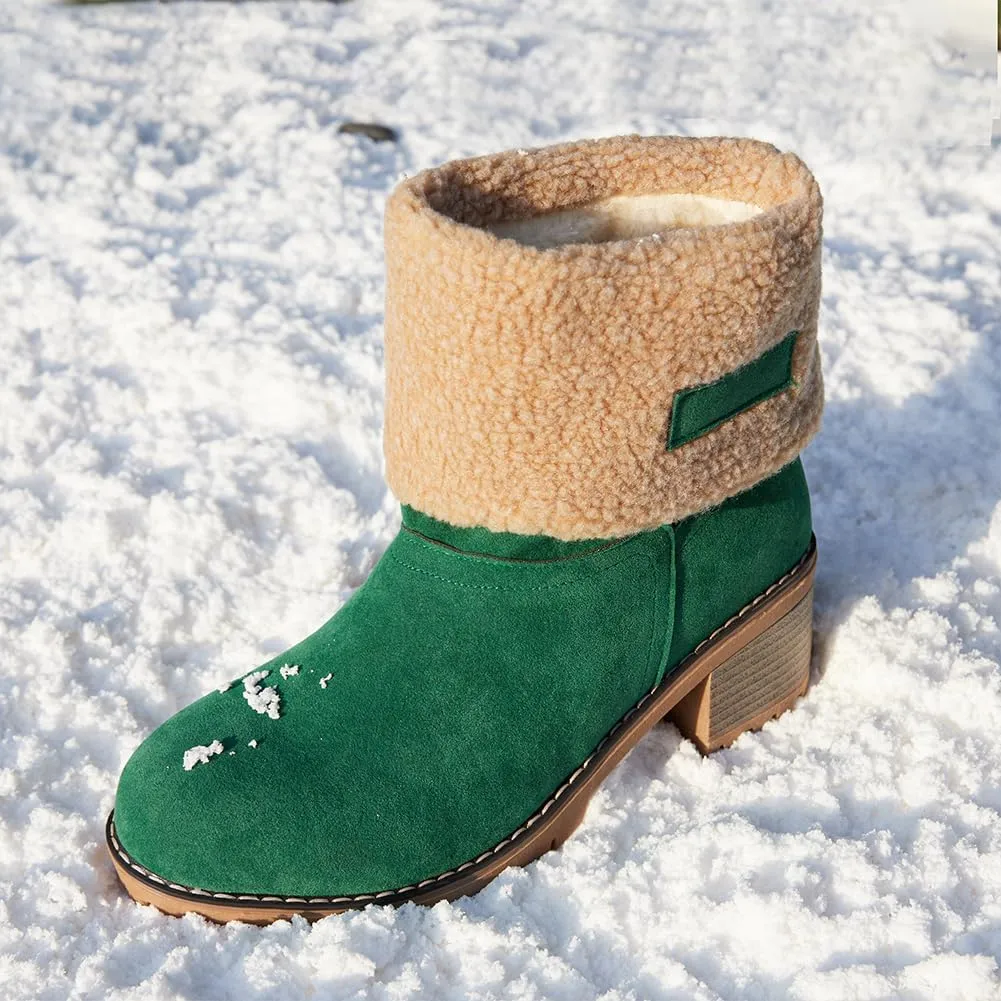 VIMISAOI Winter Boots for Women, Comfortable Slip On Mid Chunky Heel Suede Warm Snow Ankle Boots Outdoor Shoes
