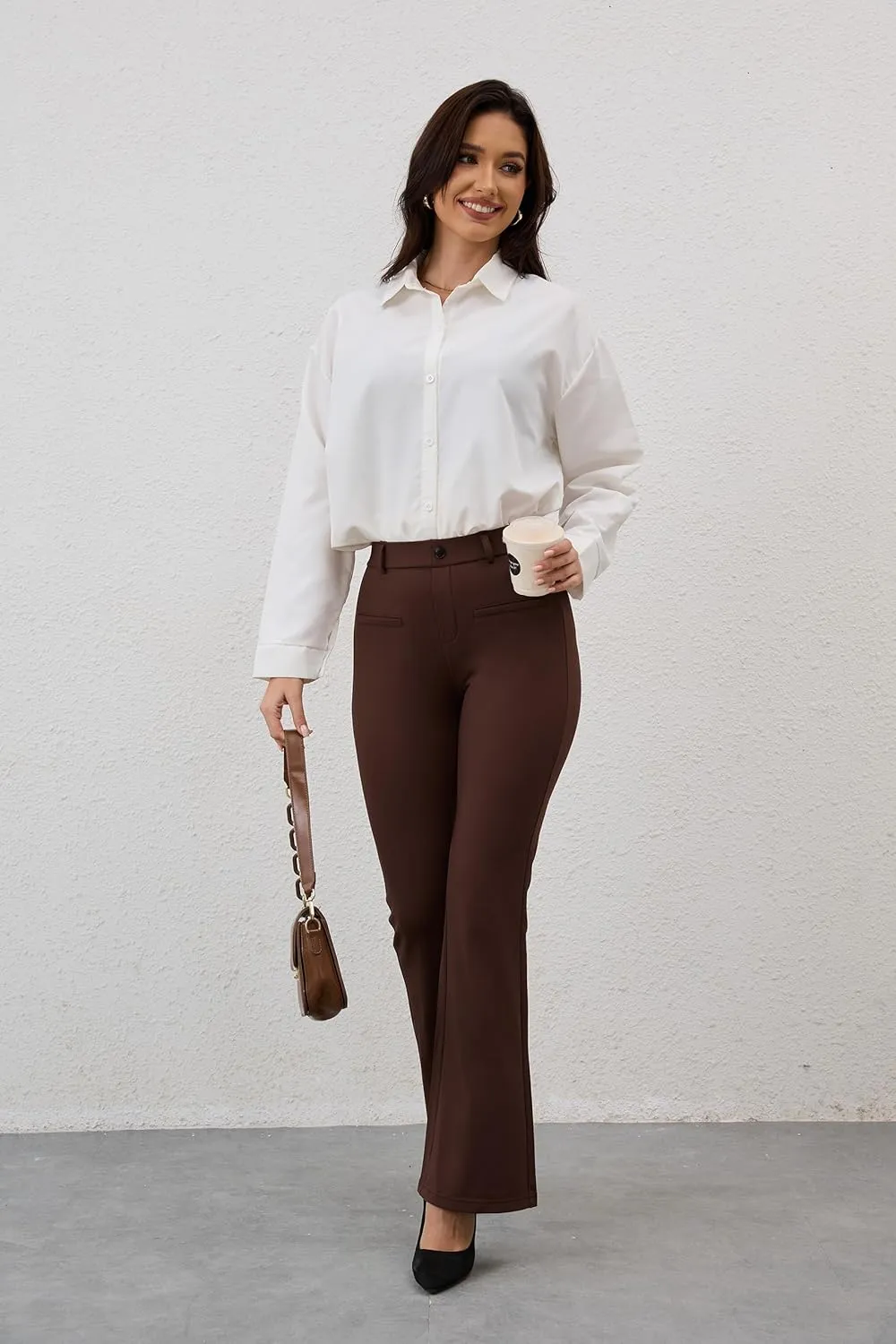 VIMPEP Fleece Lined Dress Pants for Women High Rise Flare Soft Feeling Pull On Work Yoga Pants for Cold Weather 1102