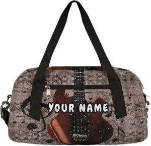 Vintage Music Guitar Personalized Kids Duffel Bag for Girls Boys, Vintage Customized Name Overnight Small Duffel Bag Carry On Weekend Sports Gym Travel Bag for School Practice Gymnastics Ballet