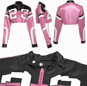 VOIKERDR Leather Jacket Cropped Jacket Motorcycle Jacket Y2K Letter Bomber Jacket Women Faux Leather Jacket Streetwear