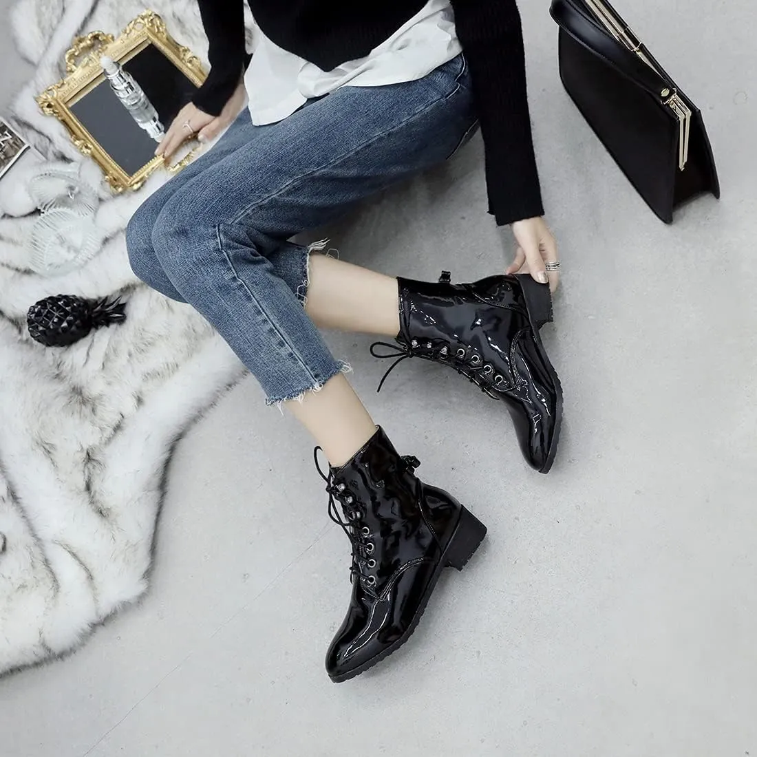 VOKLIN Women's Lace Up Chelsea Ankle Booties Round Toe Patent Leather Flat Low Heels Dressy Short Boots