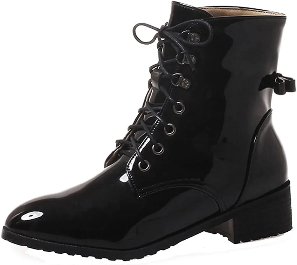 VOKLIN Women's Lace Up Chelsea Ankle Booties Round Toe Patent Leather Flat Low Heels Dressy Short Boots