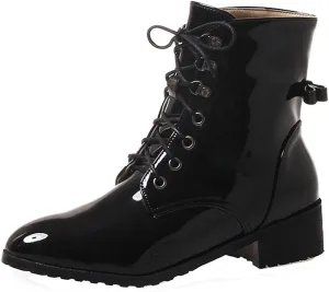 VOKLIN Women's Lace Up Chelsea Ankle Booties Round Toe Patent Leather Flat Low Heels Dressy Short Boots