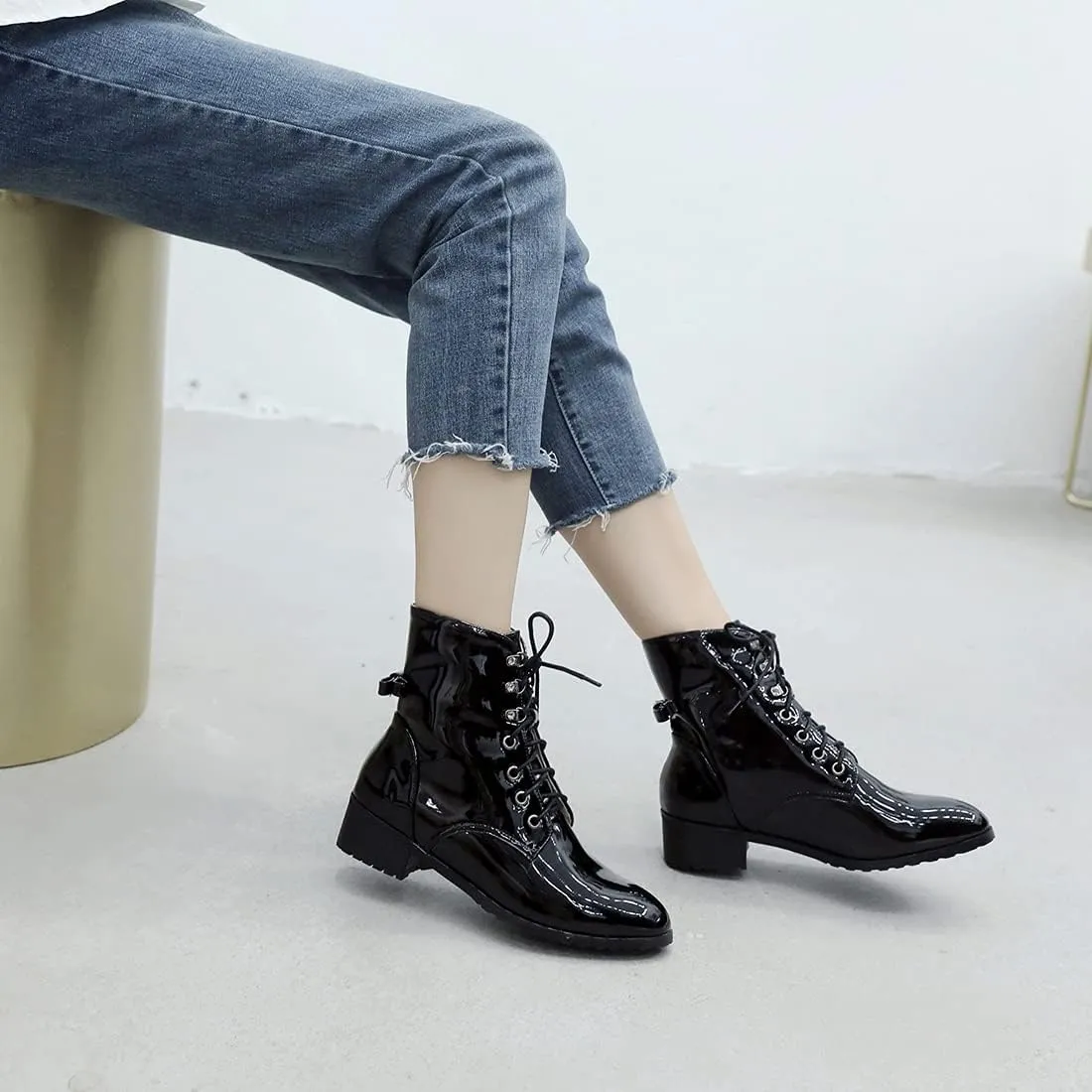 VOKLIN Women's Lace Up Chelsea Ankle Booties Round Toe Patent Leather Flat Low Heels Dressy Short Boots