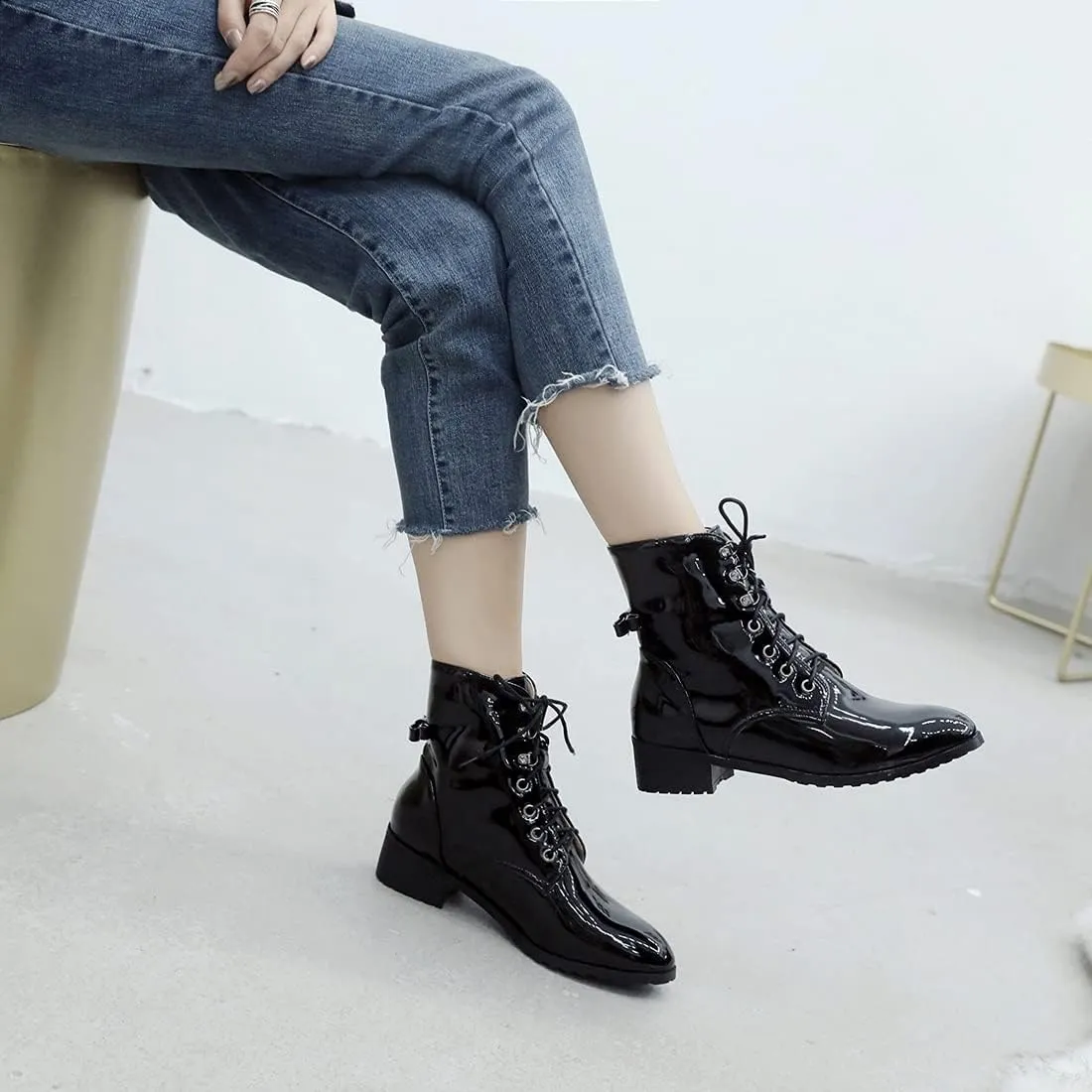 VOKLIN Women's Lace Up Chelsea Ankle Booties Round Toe Patent Leather Flat Low Heels Dressy Short Boots