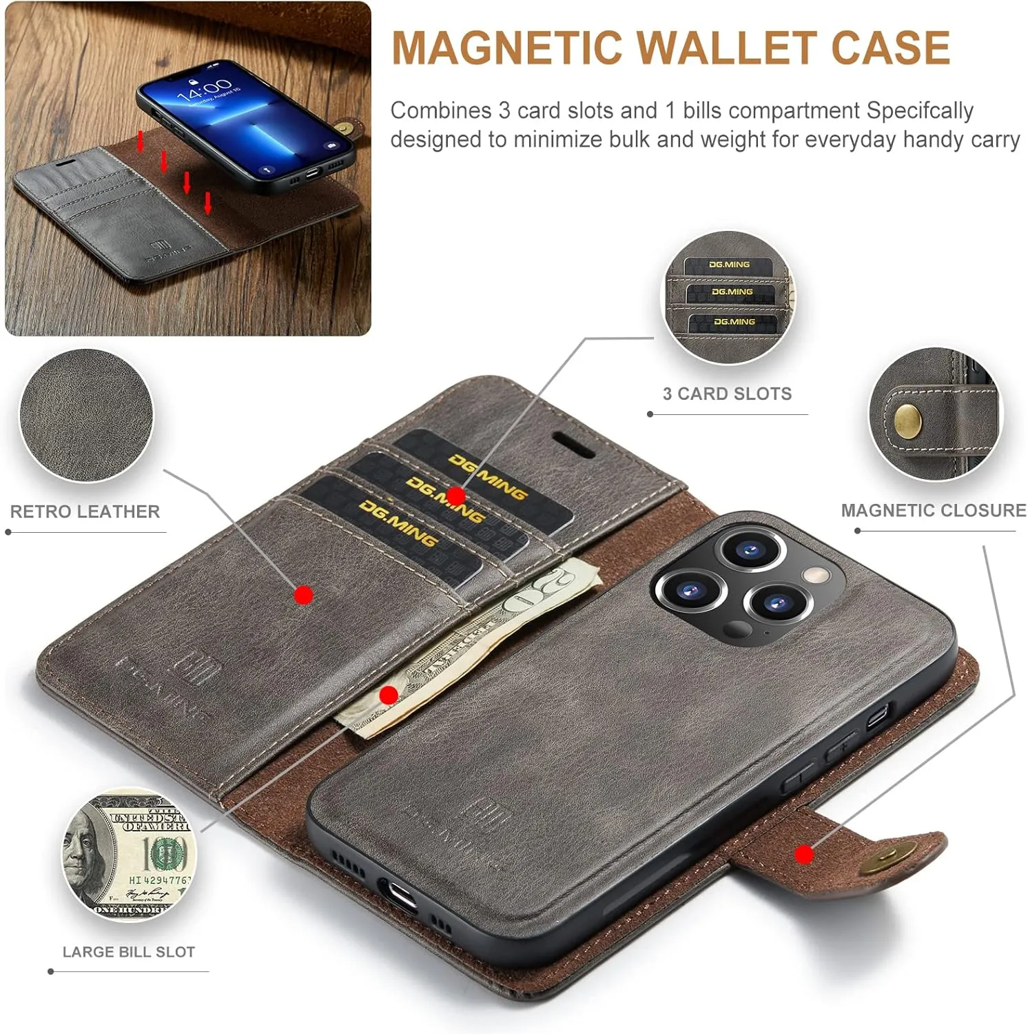 Wallet Case for iPhone 12 Mini/12/12 Pro/12 Pro Max, Premium PU Leather Flip Detachable 2 in 1 Folio with Card Holder Drop Protection Shockproof Cover