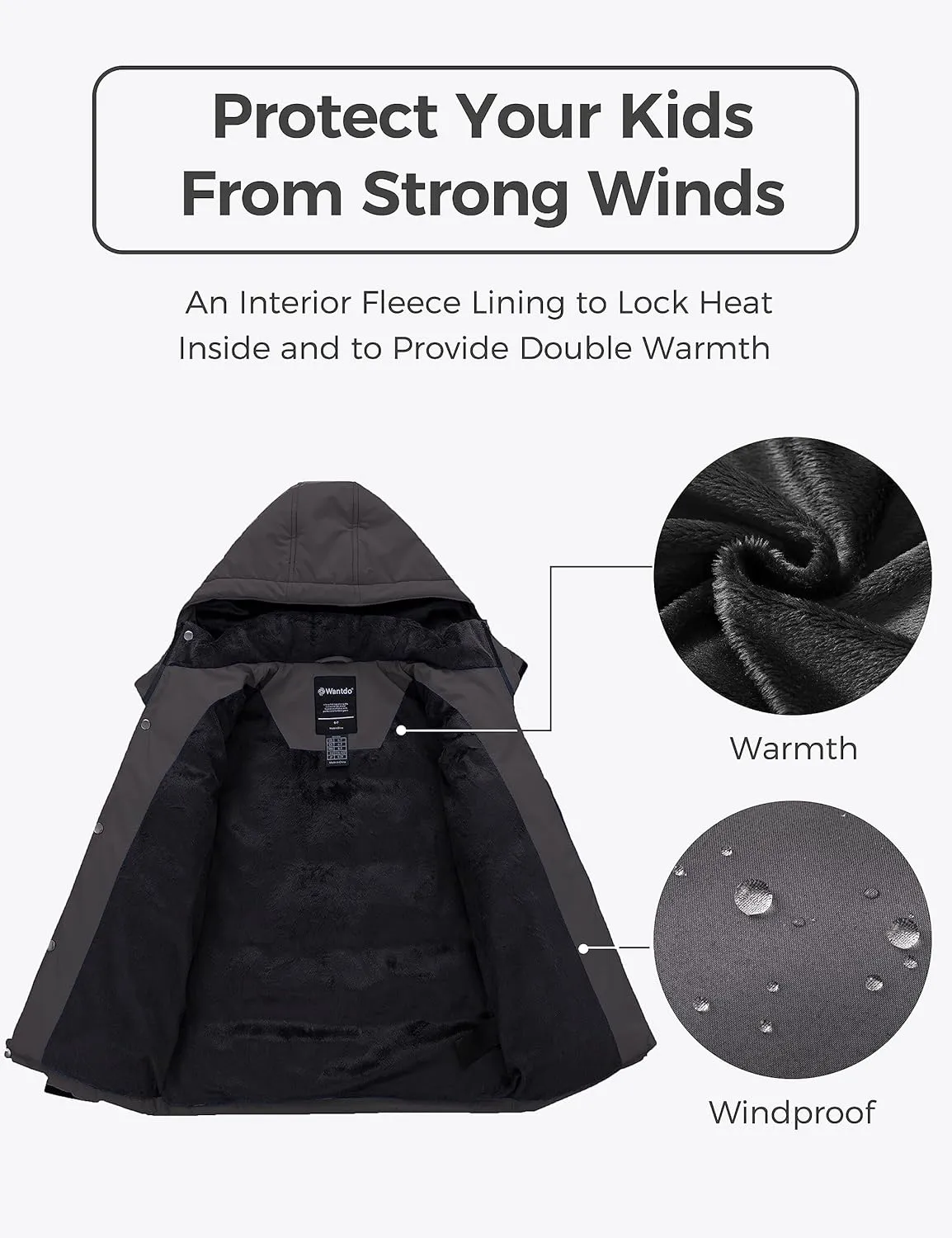 wantdo Boy's Fleece Winter Coat Waterproof Puffer Jacket Warm Winter Jackets with Hood