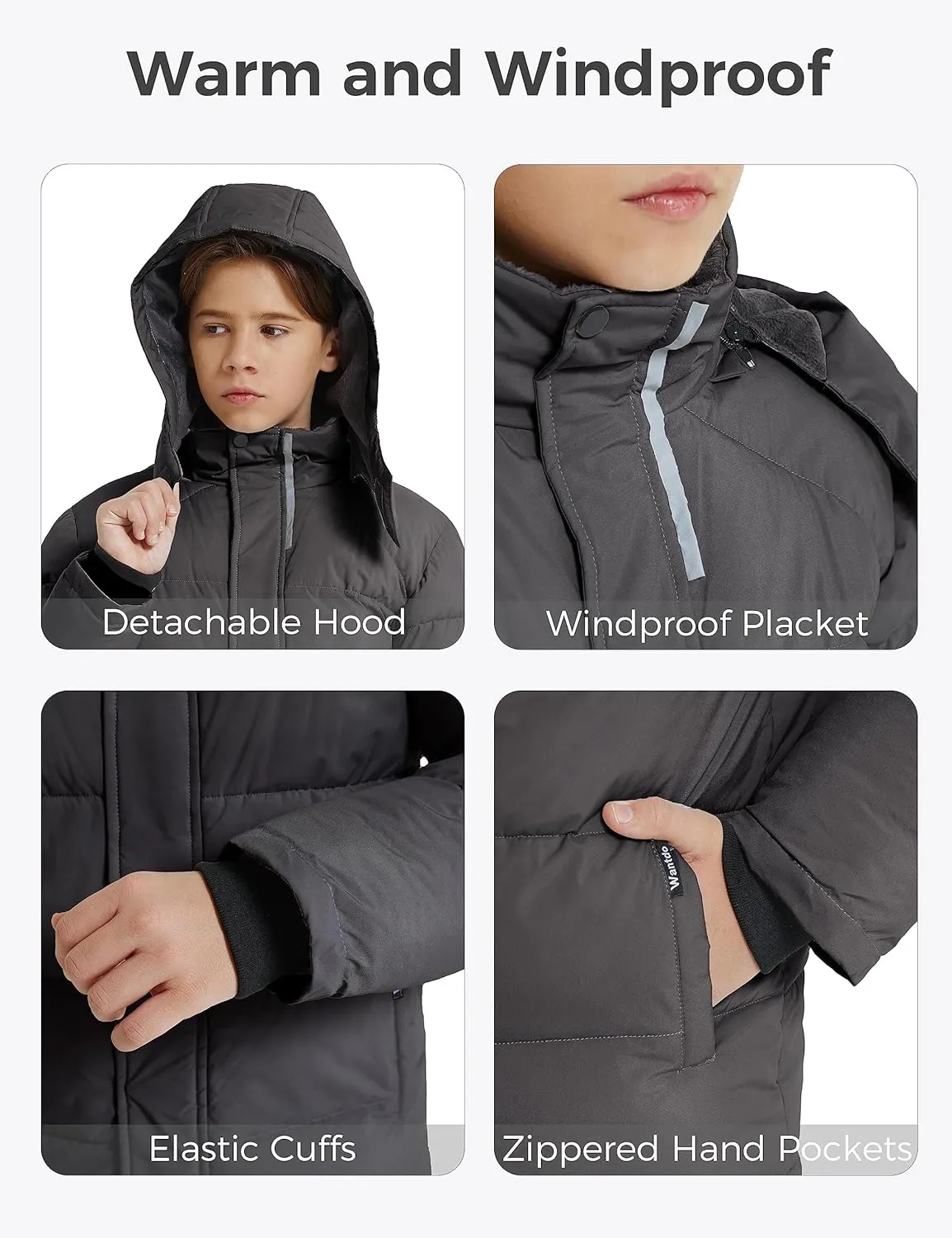wantdo Boy's Fleece Winter Coat Waterproof Puffer Jacket Warm Winter Jackets with Hood