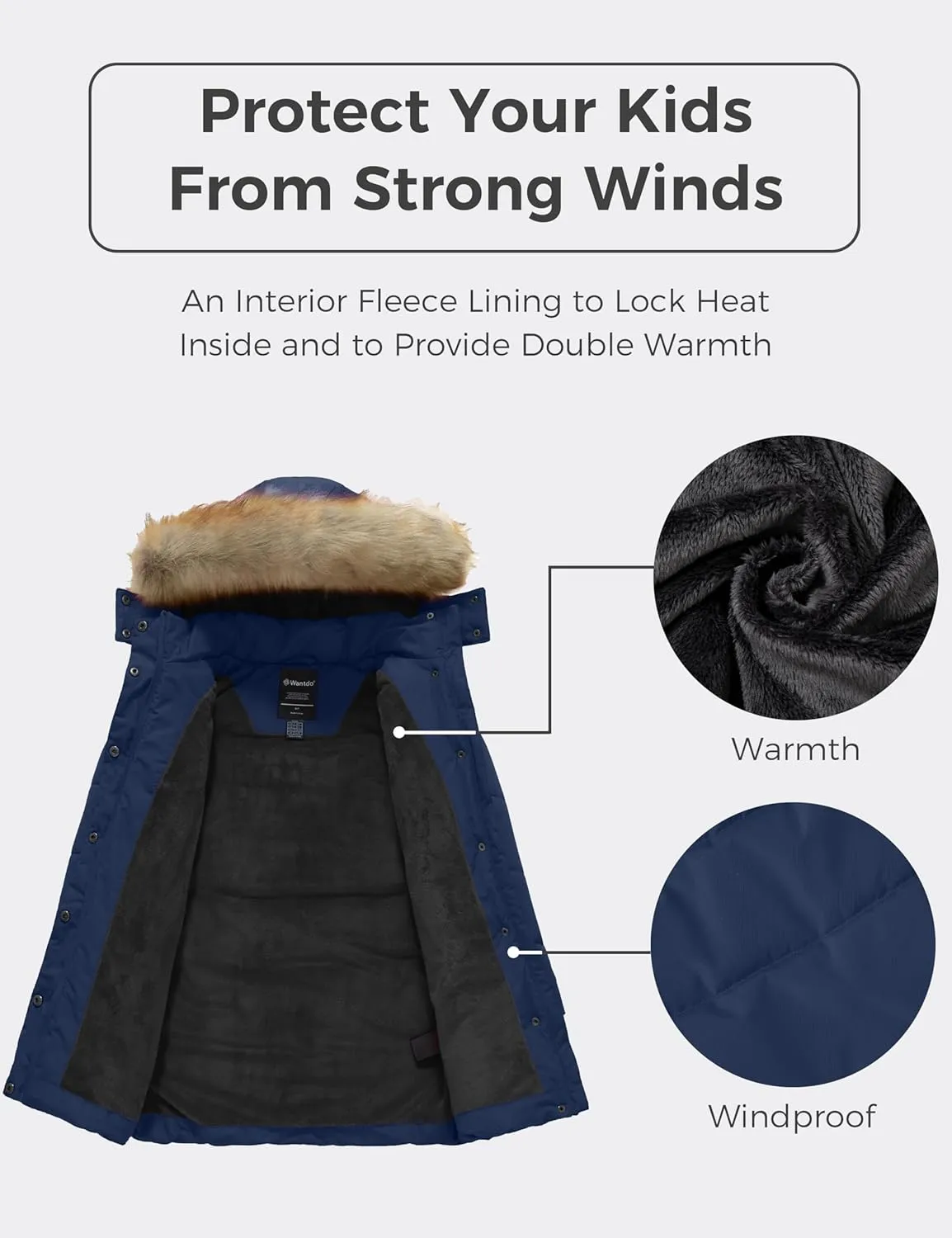 wantdo Girl's Winter Coat Long Puffer Jacket Fleece Parka with Hood Waterproof