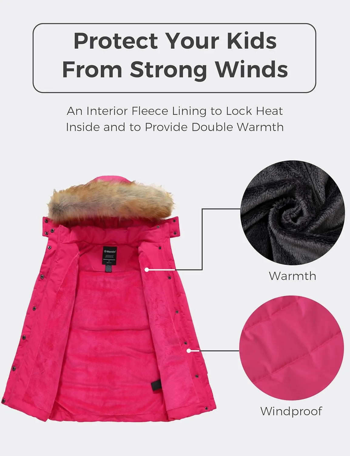wantdo Girl's Winter Coat Long Puffer Jacket Fleece Parka with Hood Waterproof