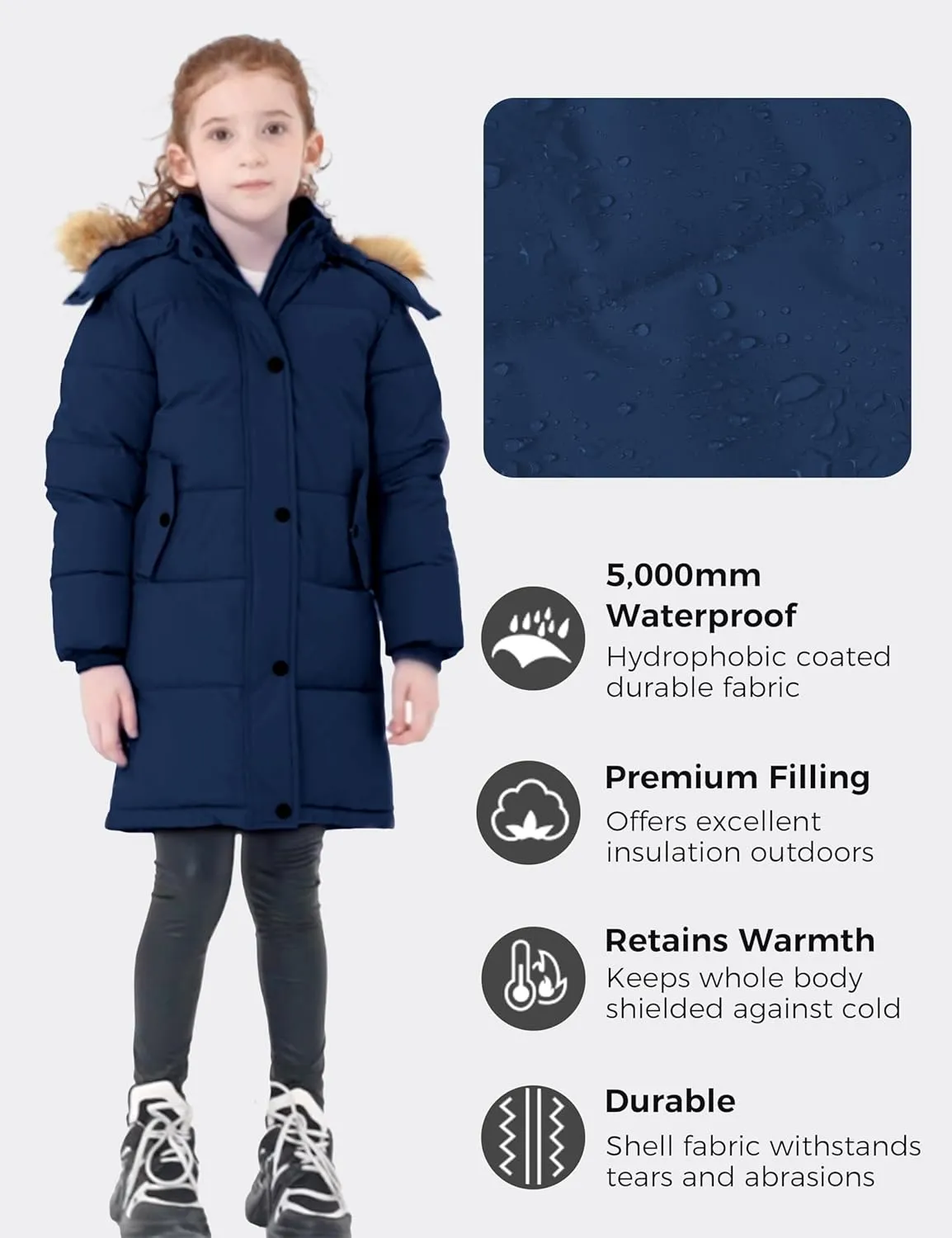 wantdo Girl's Winter Coat Long Puffer Jacket Fleece Parka with Hood Waterproof
