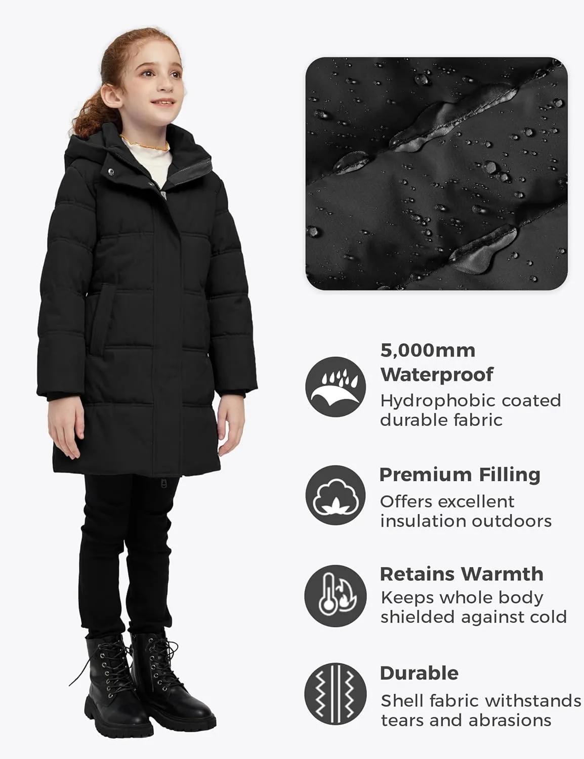 wantdo Girls' Winter Coat Long Puffer Jacket Warm Waterproof Parka with Hood