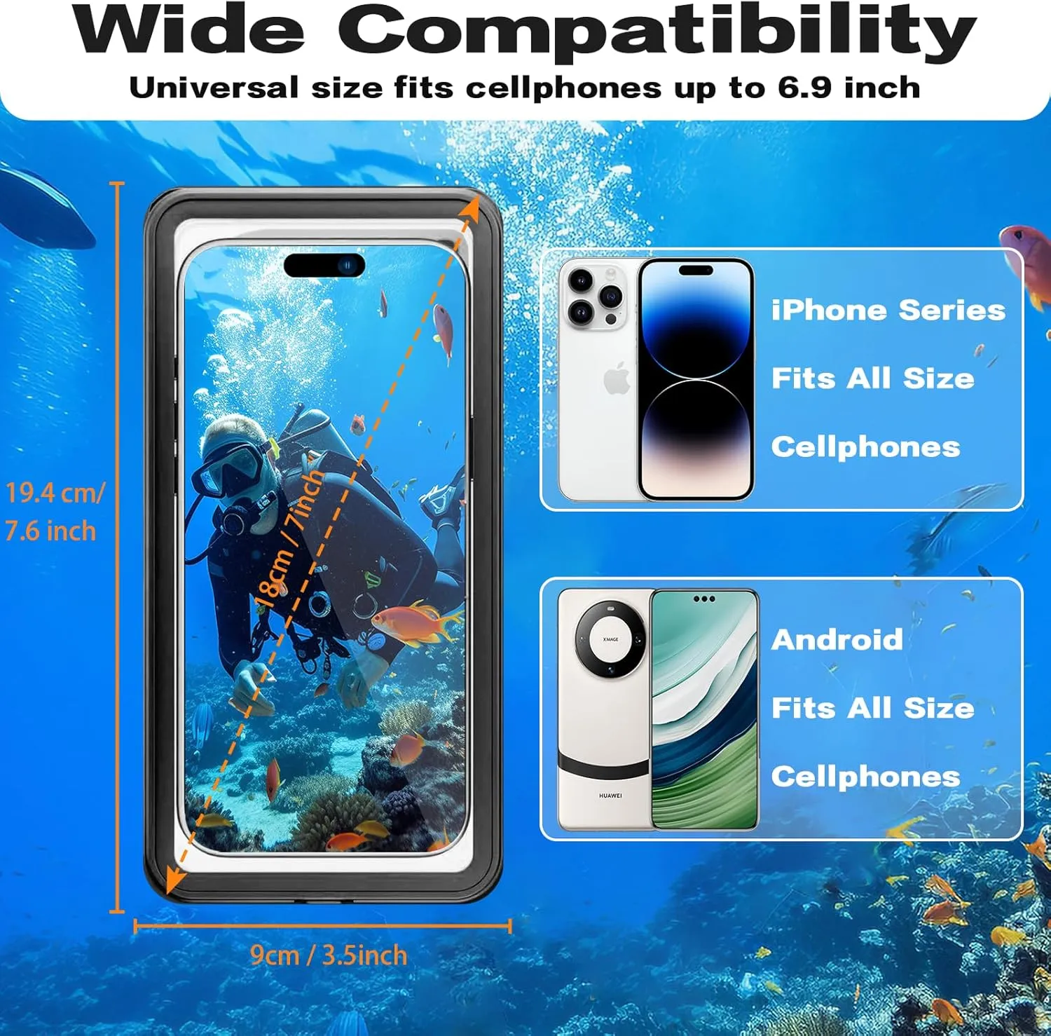 Waterproof Phone Case, Underwater Phone Cases for Snorkeling, IPX8 Diving Case, 360 Full Body Protection for iPhone 16 Pro Max/15/14/Galaxy S24, Up to 6.9 Inch, Beach Cruise Essentials (Black)