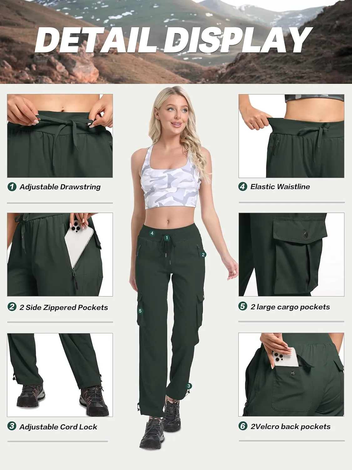 WENRONSTA Women's Cargo Pants Lightweight Water Resistant Quick Dry Hiking Pants Travel Outdoor Work Joggers with 6 Pockets