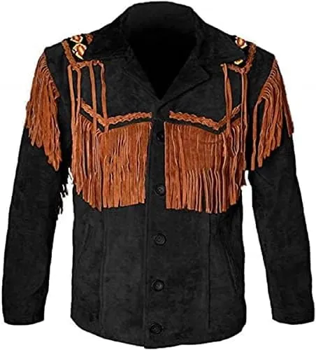 Western Cowboy Beaded Fringes Suede Leather Jacket - Native American and Bikers Style Classic Fashion Coat